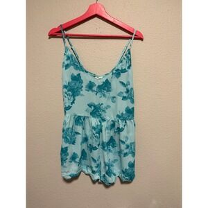 Mimi Chica Teal Floral Romper V-Neck Scalloped Hem Pockets PB1W697 Size Medium
